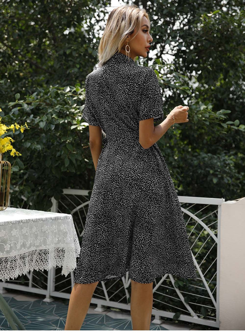 flowersverse Summer Print Bandage Dress For Women Short Sleeve Turn Down Collar Ladies Casual Button Knee Length Floral Dress