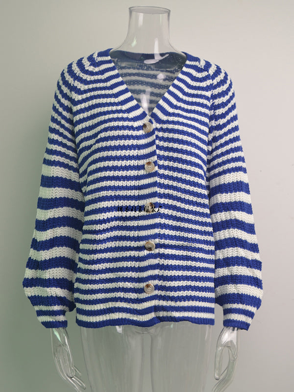 flowersverse Casual Loose Long Sleeves Striped V-Neck Cardigan Tops