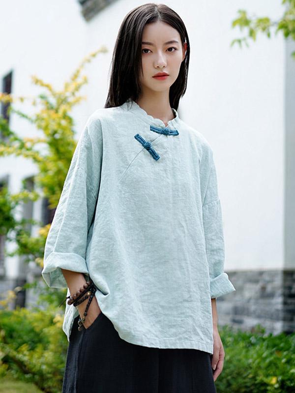 flowersverse National Style Button Linen Shirt