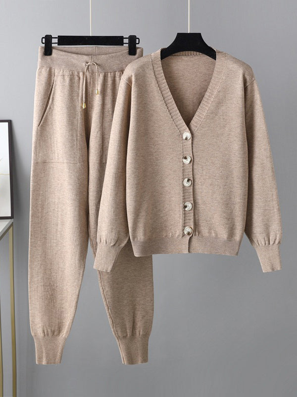 flowersverse Casual Loose Solid Color V-Neck Cardigan Tops & Harem Pants Two Pieces Set