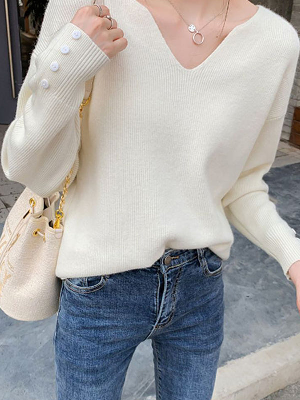 flowersverse Casual Loose Long Sleeves Solid Color V-Neck Sweater Tops