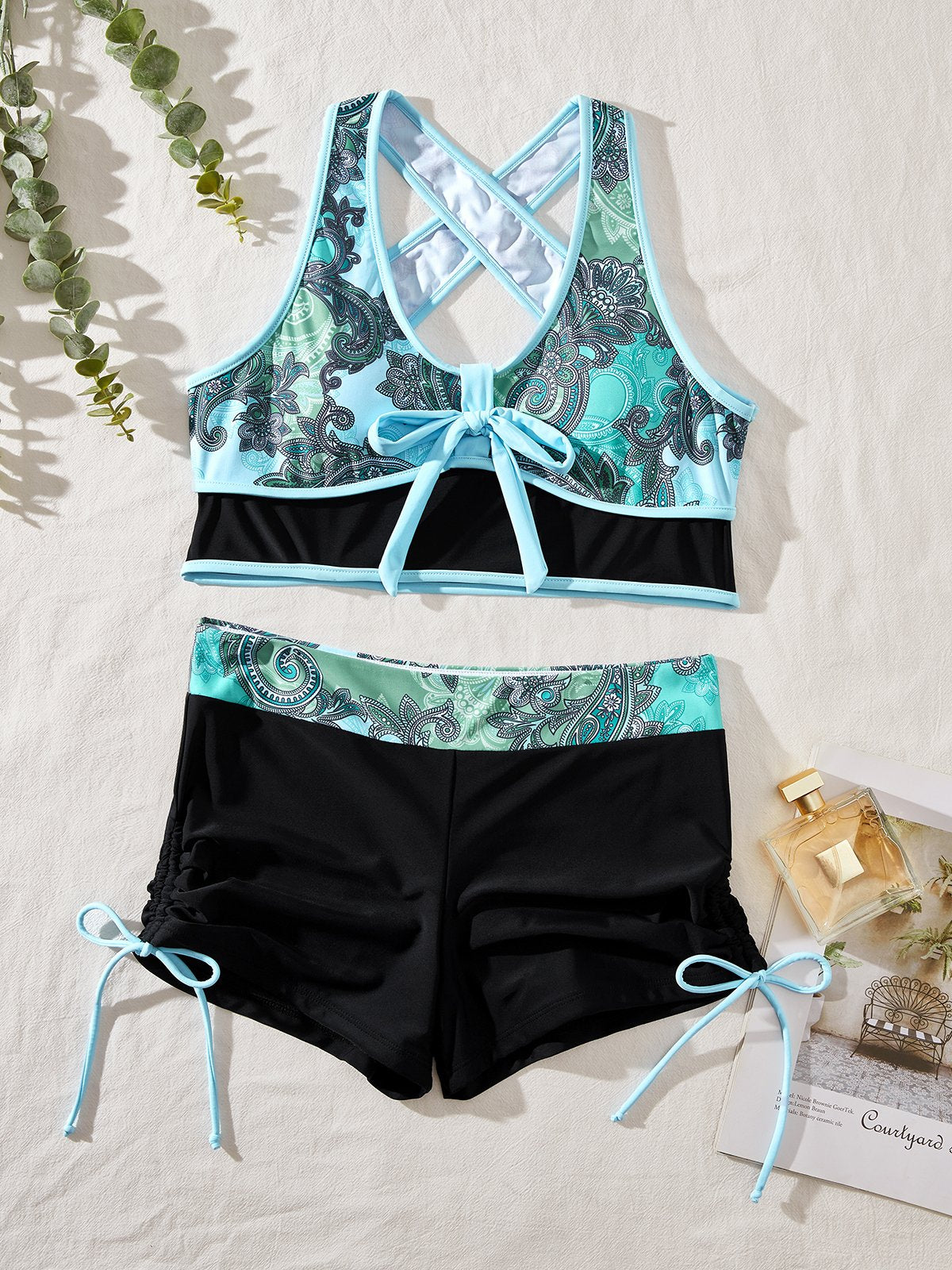 flowersverse Vacation Ethnic Printing Spaghetti Bikinis Two-Piece Set