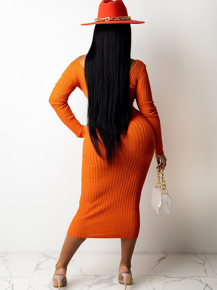 flowersverse Ribbed Knit Solid Color Long Sleeve Bodycon Dresses