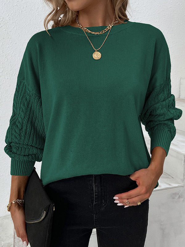 flowersverse Knitted Twist Long Sleeves Solid Color Round-Neck Sweater Tops
