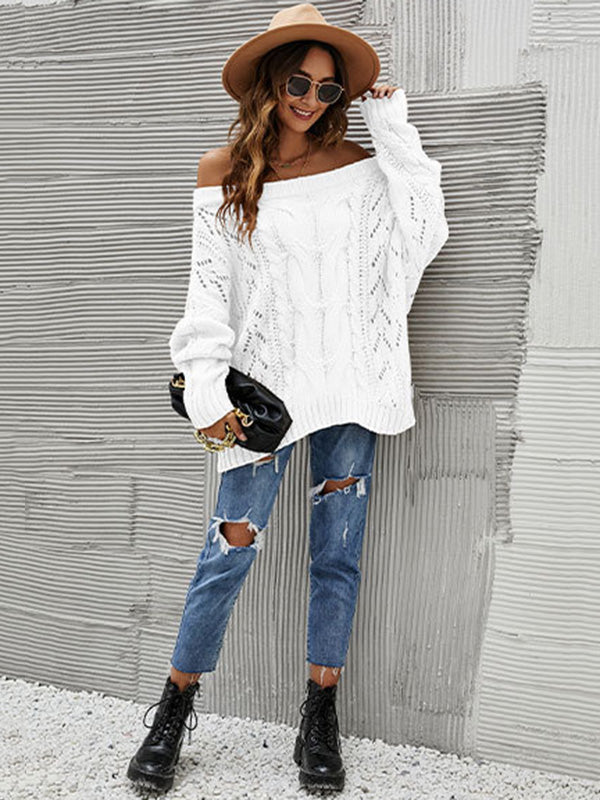 flowersverse Vintage Long Sleeves Loose Solid Color Off-The-Shoulder Sweater Tops