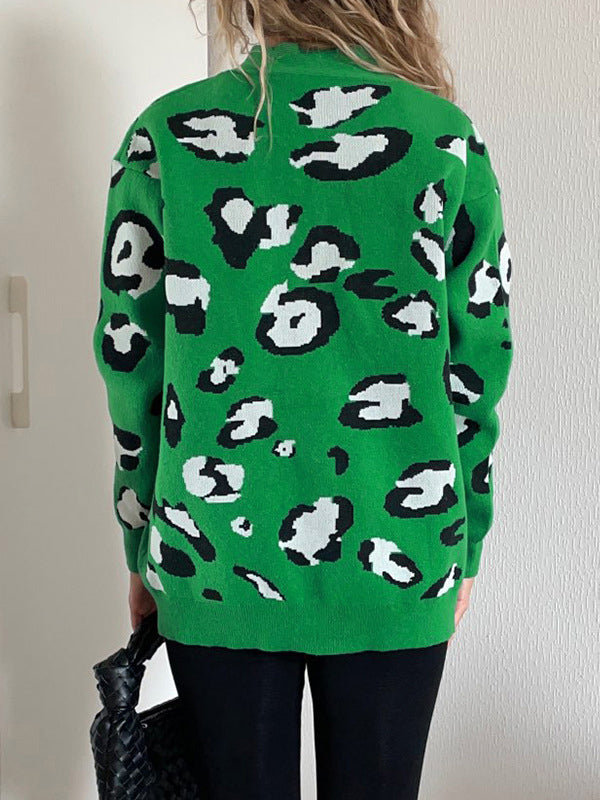 flowersverse Animal Prints Buttoned Long Sleeves Loose V-Neck Cardigan Tops