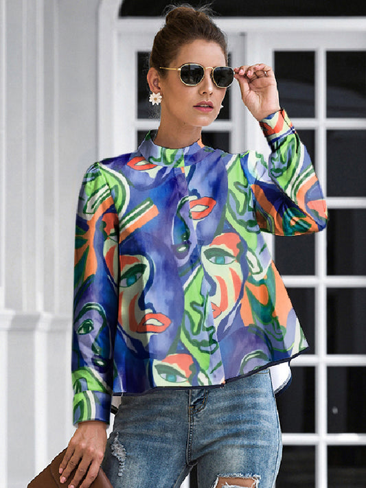 flowersverse Buttoned Figure Printed Long Sleeves Mock Neck Blouses&Shirts Tops