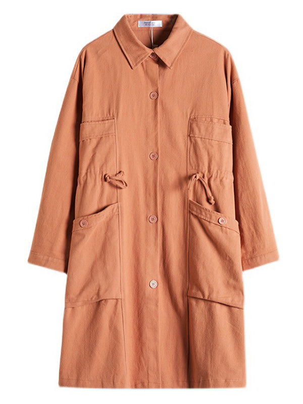 flowersverse Casual Loose Solid Color Buttoned Lapel Collar Long Sleeves Trench Coat