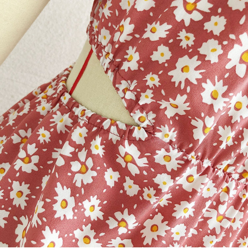 flowersverse Women Spring Summer Puff Sleeve Show Waist Print Dress Ladies Sexy Floral Short Sundress
