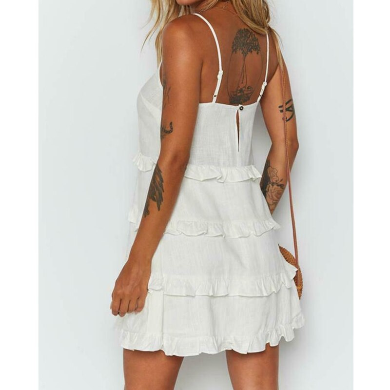 flowersverse Women Summer Boho Sleeveless Dress Ruffle A-Line Short Mini Dress