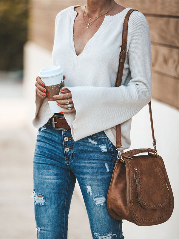 flowersverse Casual Long Sleeves Loose Solid Color V-Neck Sweater Tops