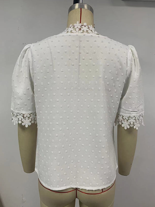 flowersverse Applique Solid Color Loose Short Sleeves V-neck Blouses&shirts Tops