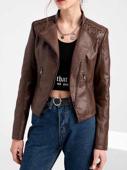 flowersverse Split-Joint Zipper Long Sleeves Mock Neck Outerwear PU Jackets