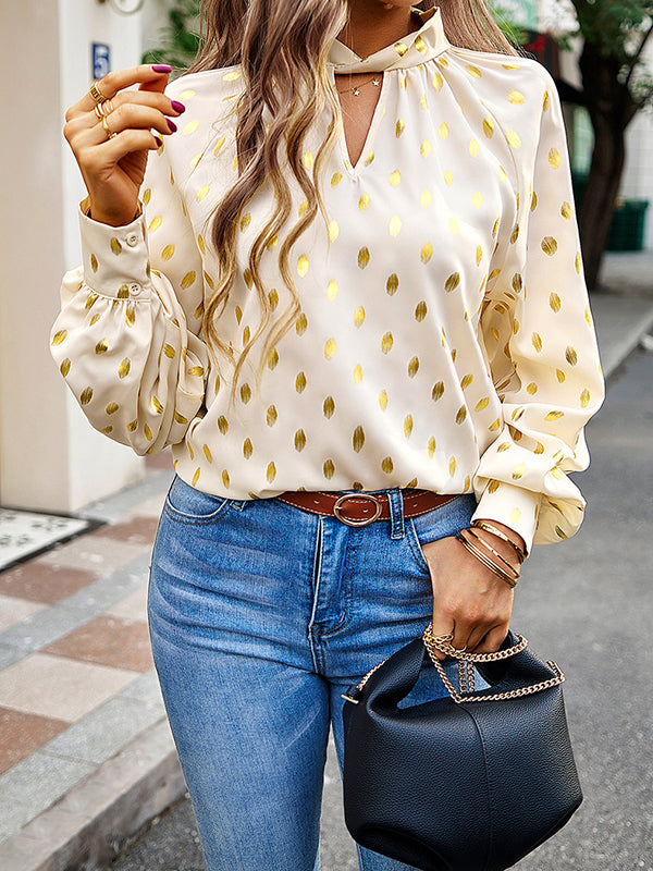 flowersverse Bronzing Hollow Long Sleeves Loose Mock Neck Blouses&Shirts Tops