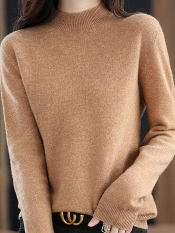 flowersverse Office Long Sleeves Solid Color High-Neck Sweater Tops Pullovers