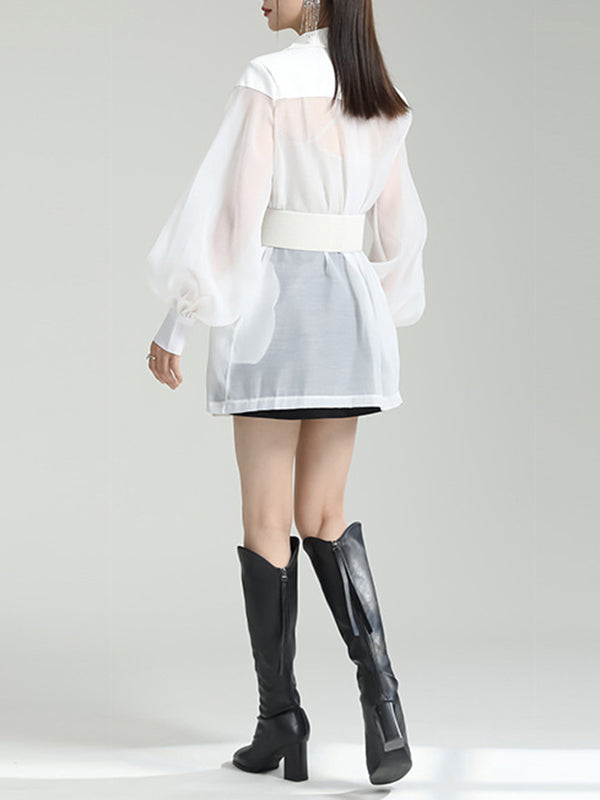 flowersverse See-Through Split-Joint Tied Waist Loose Puff Sleeves Lapel Blouses&Shirts Tops