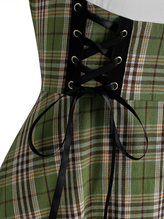 flowersverse Fashion Plus Size Women Off The Shoulder Lace Up Plaid Dress Long Sleeves Mini Fall Spring Casual Dress Vintage Robe