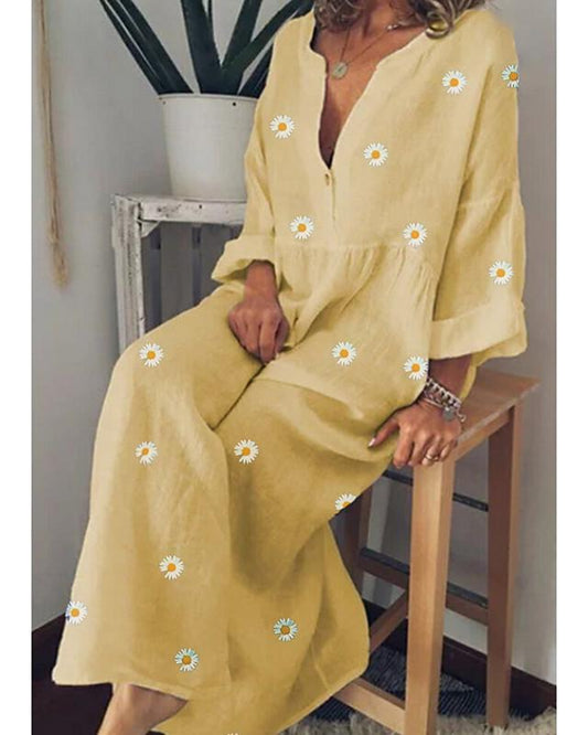flowersverse Women's A-Line Dress Maxi Long Dress Long Sleeve Floral Spring Summer Cotton Yellow Green Light Blue M