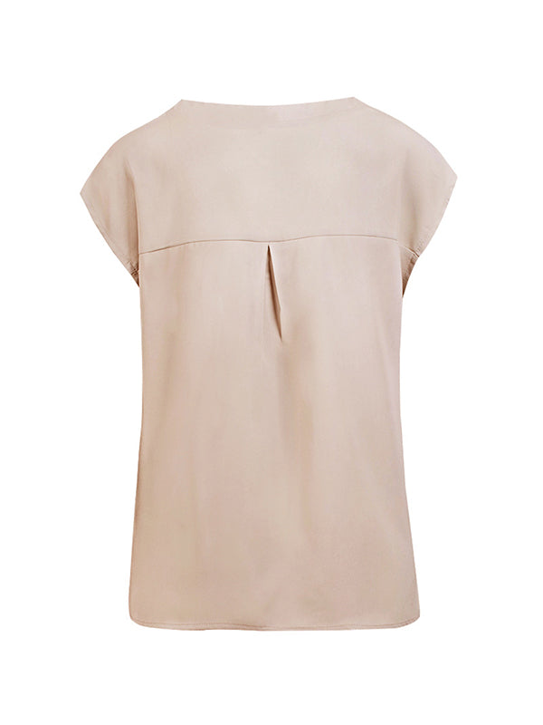 flowersverse Buttoned Solid Color Cap Sleeve Loose V-Neck Blouses&Shirts Tops