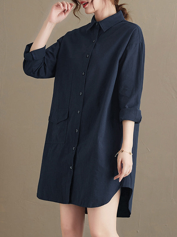 flowersverse Simple Solid Buttoned Lapel Collar Long Sleeves Blouse
