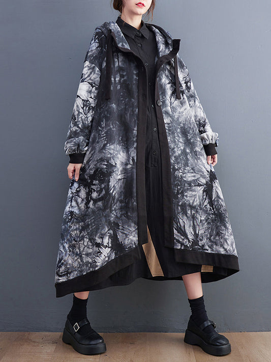 flowersverse Vintage Long Sleeves Irregularity Printed& Solid Color Hooded Outerwear