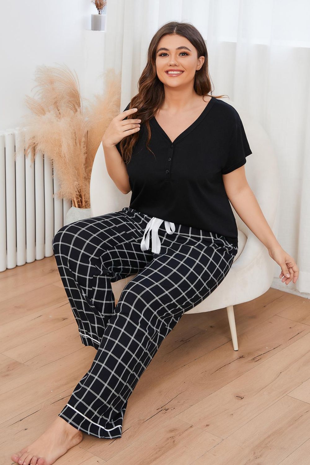 flowersverse Plus Size V-Neck Top and Plaid Pants Lounge Set