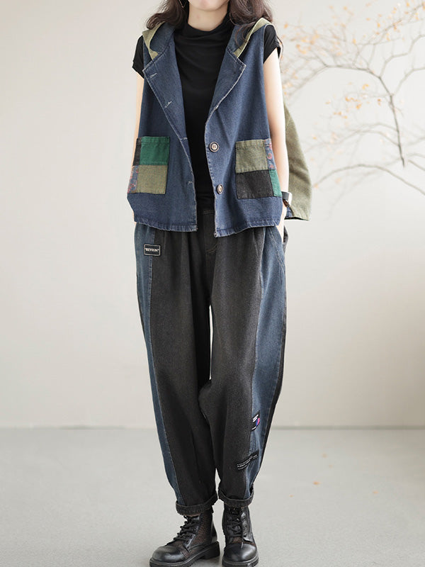 flowersverse Artistic Retro Loose Denim Sleeveless Buttoned Contrast Color Hooded Vest Outerwear