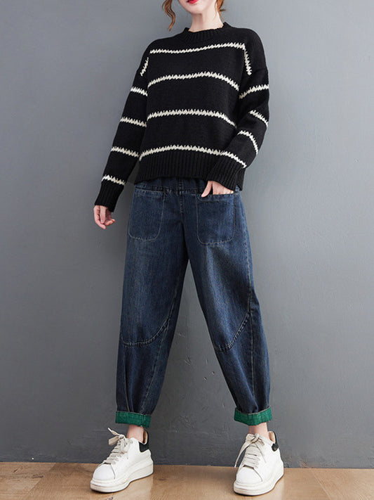 flowersverse Casual Loose Long Sleeves Striped Round-Neck Sweater Tops