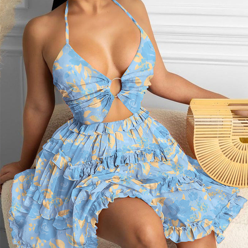 flowersverse Women's Summer Sexy Cutout Halter Neck V-Neck Cake Dress