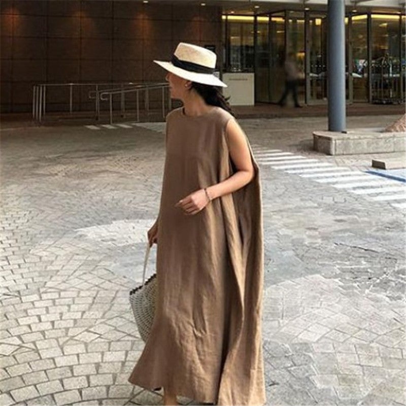 flowersverse Loose Cotton Vest Dress New Round Neck Sleeveless Long Dress Linen