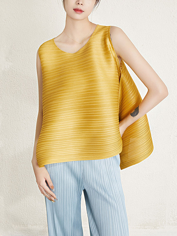 flowersverse Cropped Sleeveless Pleated Round-Neck Vest Top