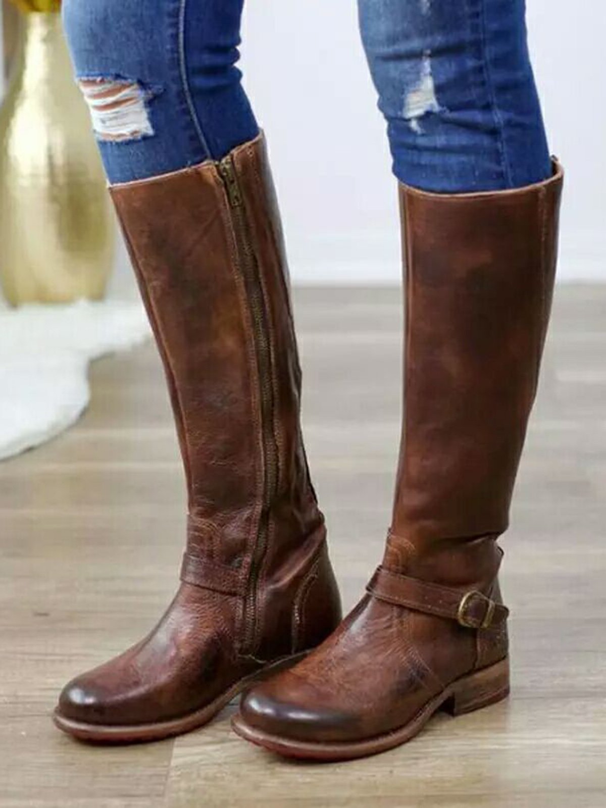 flowersverse Vintage Round Toe Buckle Tall Boots Chunky Heel Riding Boots
