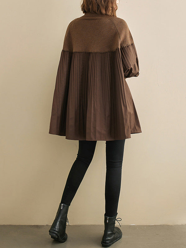 flowersverse Knitting Pleats Split-Joint High-Neck Pullover Top