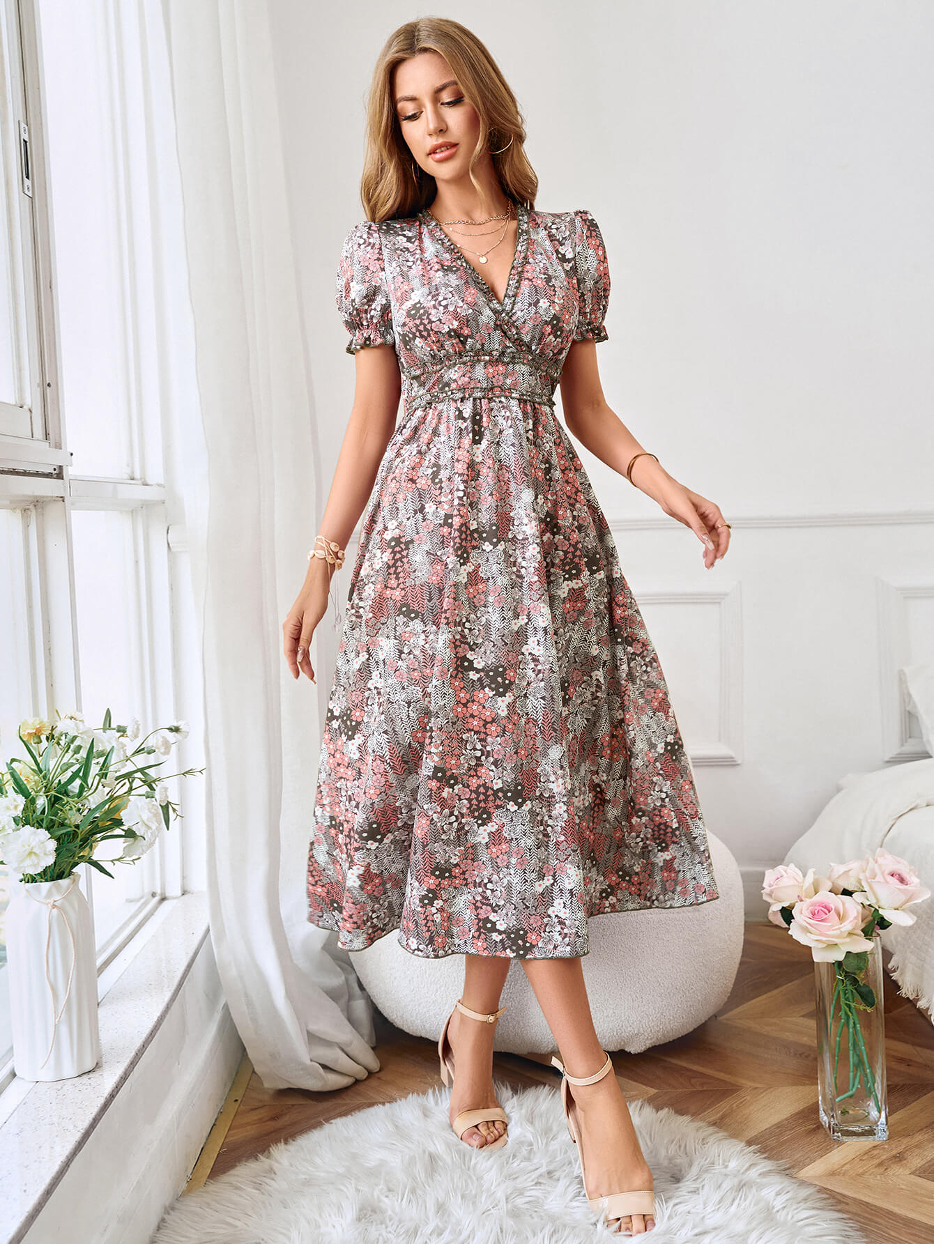 flowersverse GOLDIE SHORT SLEEVE FLORAL MAXI DRESS - BROWN