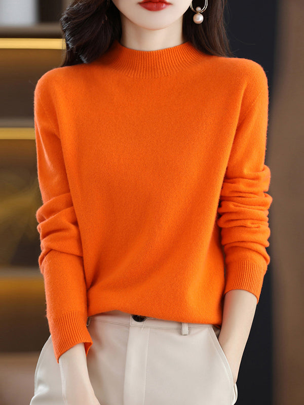 flowersverse Office Long Sleeves Solid Color High-Neck Sweater Tops Pullovers