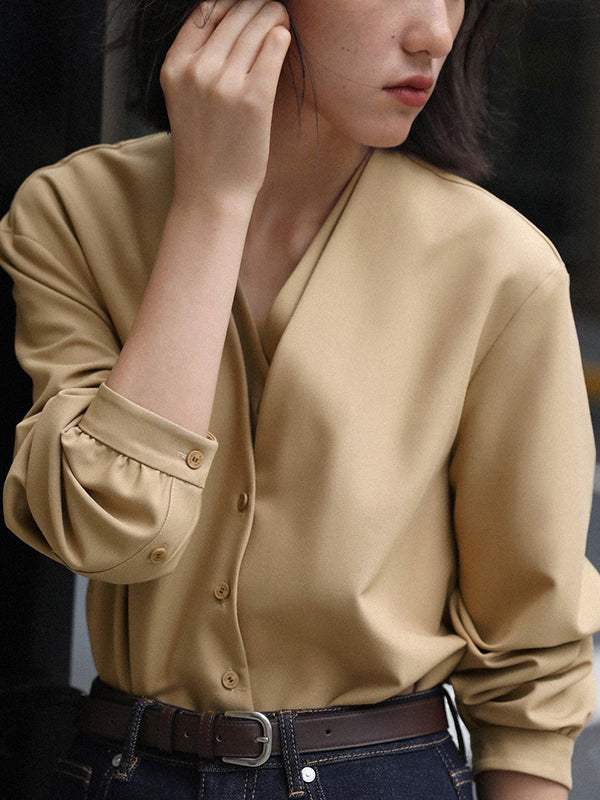 flowersverse Buttoned Solid Color False Two Long Sleeves V-Neck Blouses&Shirts Tops