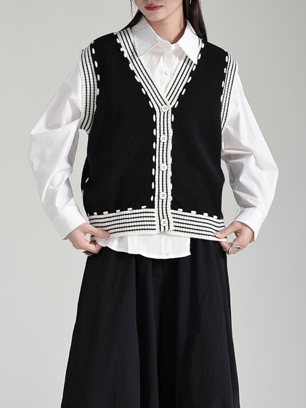 flowersverse Buttoned Contrast Color Loose Sleeveless V-Neck Vest Outerwear