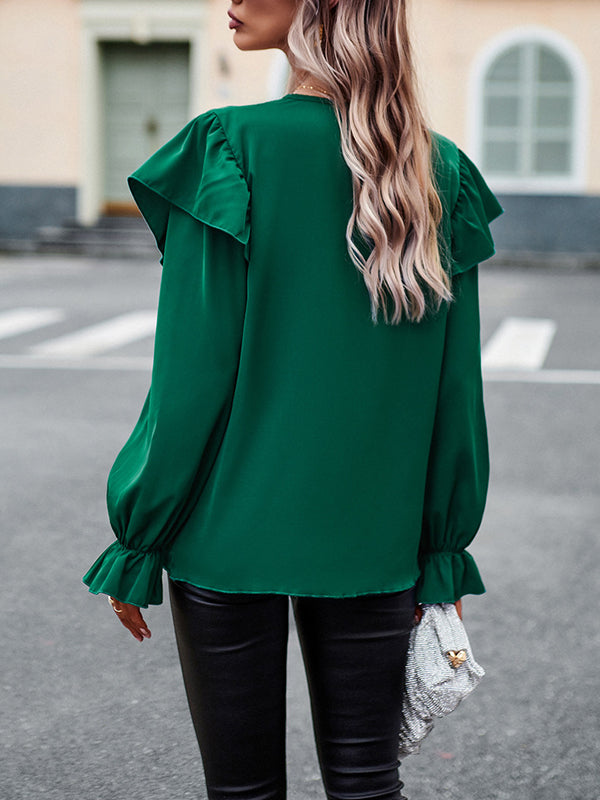 flowersverse Asymmetric Hollow Long Sleeves Loose V-Neck Blouses&Shirts Tops