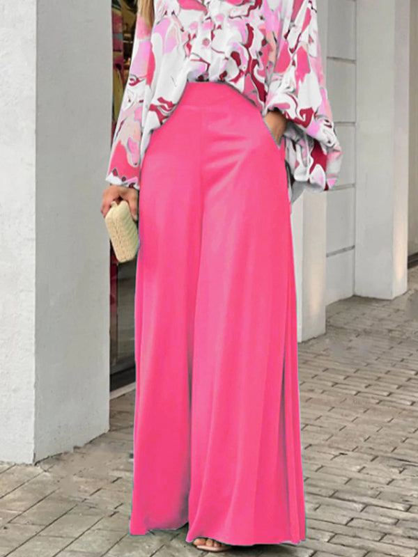 flowersverse Original Contrast Color Blouse&Solid Wide Legs Pants 2 Pieces Set