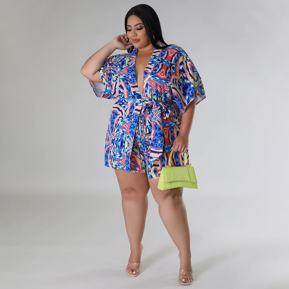 flowersverse Summer Plus Size Loose Print Blouse Lace-Up Shorts Multi-Color Two-Piece Set