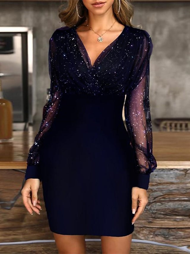 flowersverse Women's Semi Formal Party Dress Sequin Dress Bodycon Mini Dress Black Wine Purple Long Sleeve Pure Color Sequins Winter Fall Spring V Neck Fashion Winter Dress Fall Dress S M L XL XXL