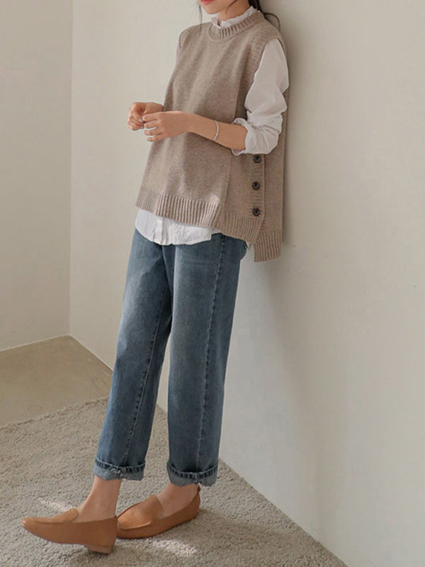 flowersverse Simple Sleeveless Loose Buttoned Solid Color Round-Neck Sweater Vest Outerwear