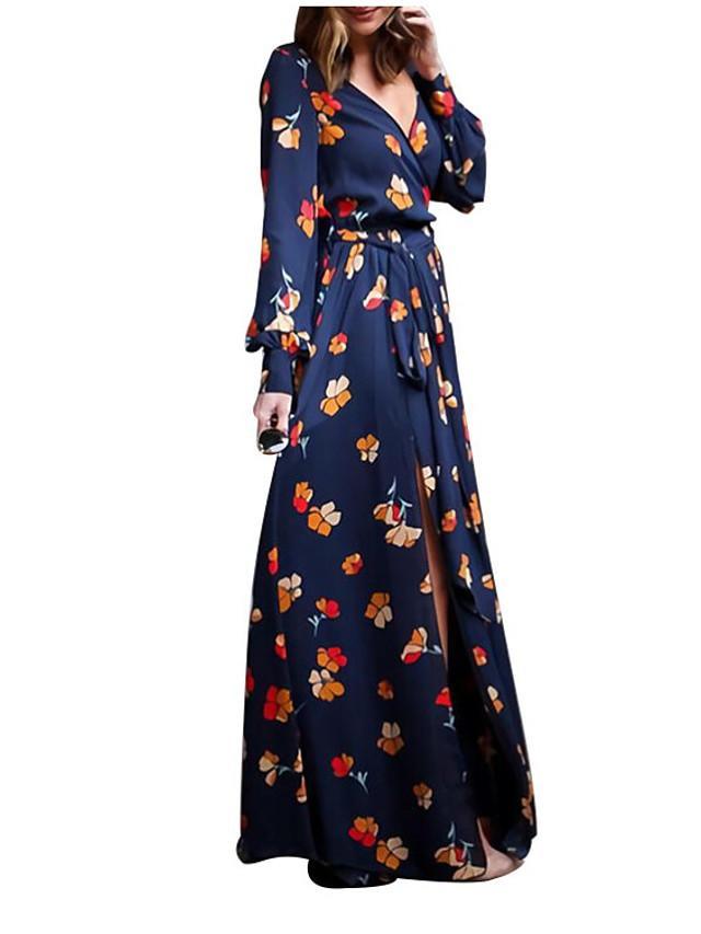 flowersverse Women's Chiffon Dress Maxi Long Dress Long Sleeve Floral Split Print Spring Casual Linen Royal Blue Black Dresses
