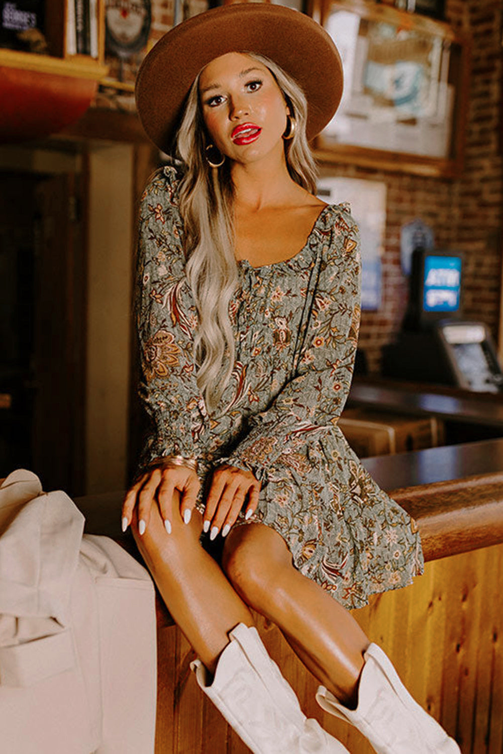 flowersverse Multicolour Floral Long Sleeve Frilled U-Neck Ruffled Dress