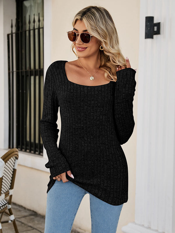 flowersverse Casual Long Sleeves Skinny Solid Color Square-Neck Sweater Tops