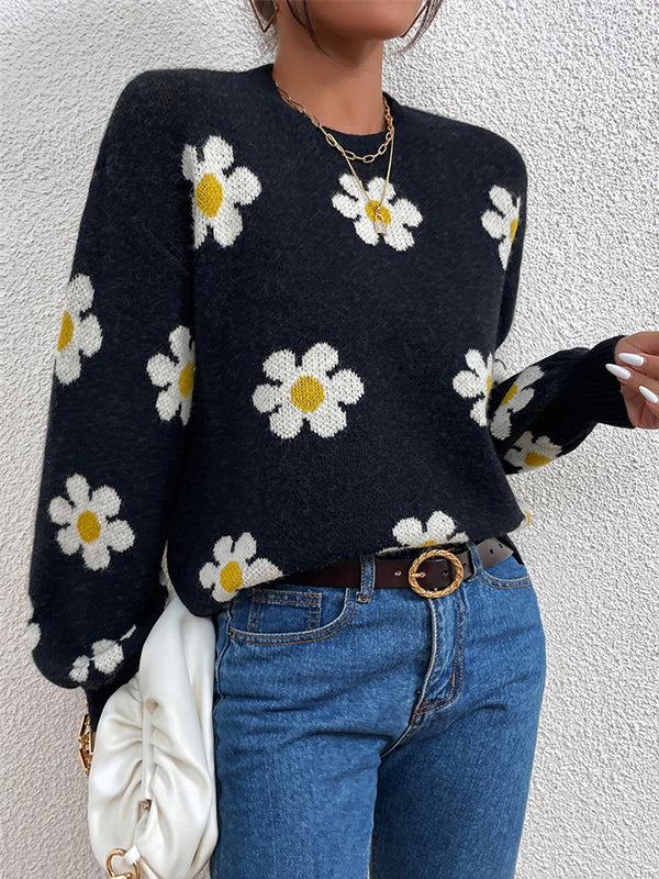 flowersverse Contrast Color Floral Printed Split-Joint Long Sleeves Loose Round-Neck Sweater Tops