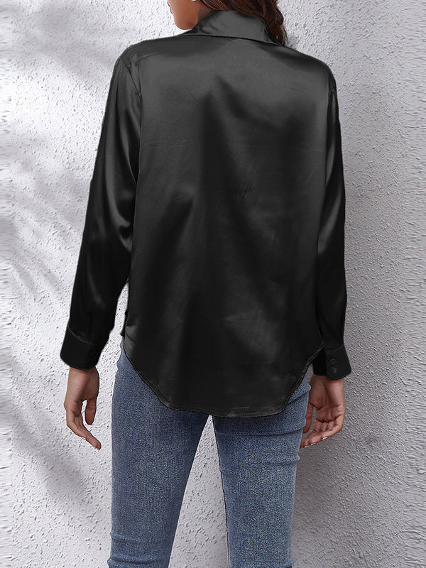 flowersverse Solid Color Long Sleeves Loose Lapel Blouses&Shirts Tops