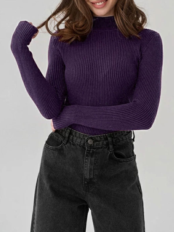flowersverse Solid Color Split-Joint Long Sleeves Skinny High Neck Sweater Tops