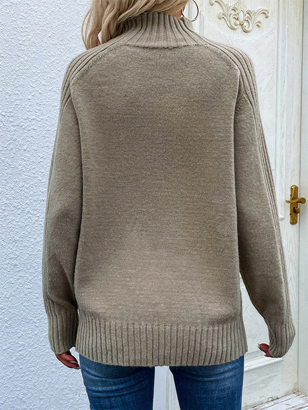 flowersverse Stylish Long Sleeves Loose Solid Color High-Neck Sweater Tops