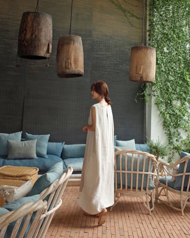 flowersverse Loose Cotton Vest Dress New Round Neck Sleeveless Long Dress Linen